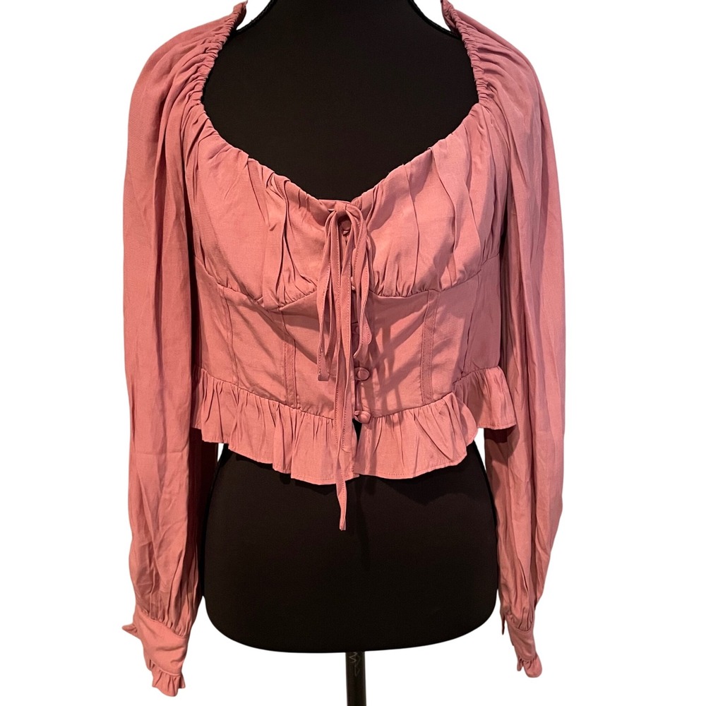 HYFVE Mauve Pink Ruched Bust Tie Front Ruffle Crop Top Long Sleeve Size‎ L